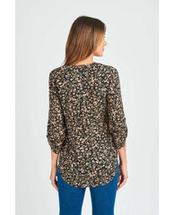Gabriella 3/4 Roll - Tab Sleeve Blouse Black Combo - PINK ARROWS