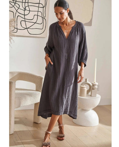 Gauze Dress in Charcoal with Pockets - PINK ARROWS