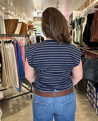 Joni Crew Neck Power Shoulder Top Nocturnal/Grey Stripe - PINK ARROWS