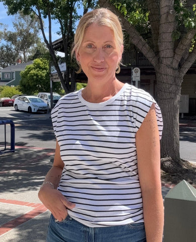 Joni Crew Neck Power Shoulder Top White/Black Stripes - PINK ARROWS