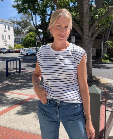 Joni Crew Neck Power Shoulder Top White/Black Stripes - PINK ARROWS