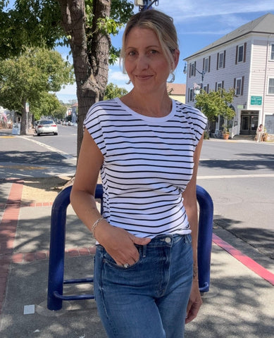 Joni Crew Neck Power Shoulder Top White/Black Stripes - PINK ARROWS