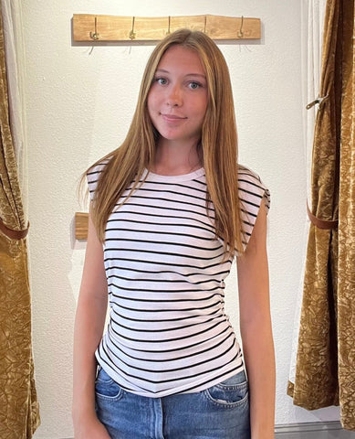 Joni Top White/Black Stripes - PINK ARROWS
