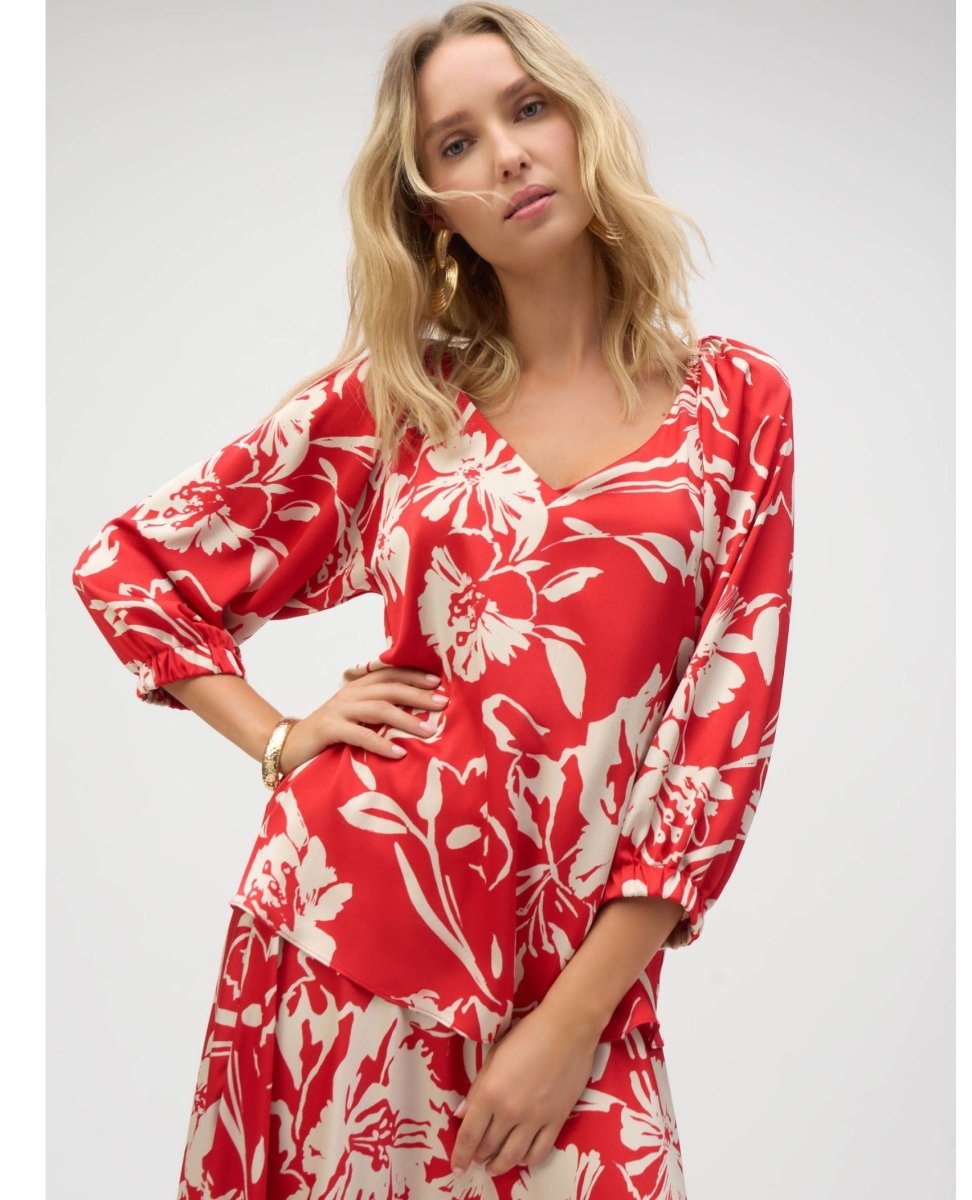 Joseph Ribkoff Floral Blouse Red Cream Print - PINK ARROWS