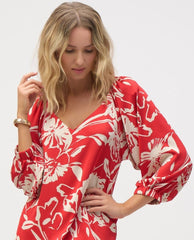 Joseph Ribkoff Floral Blouse Red Cream Print - PINK ARROWS