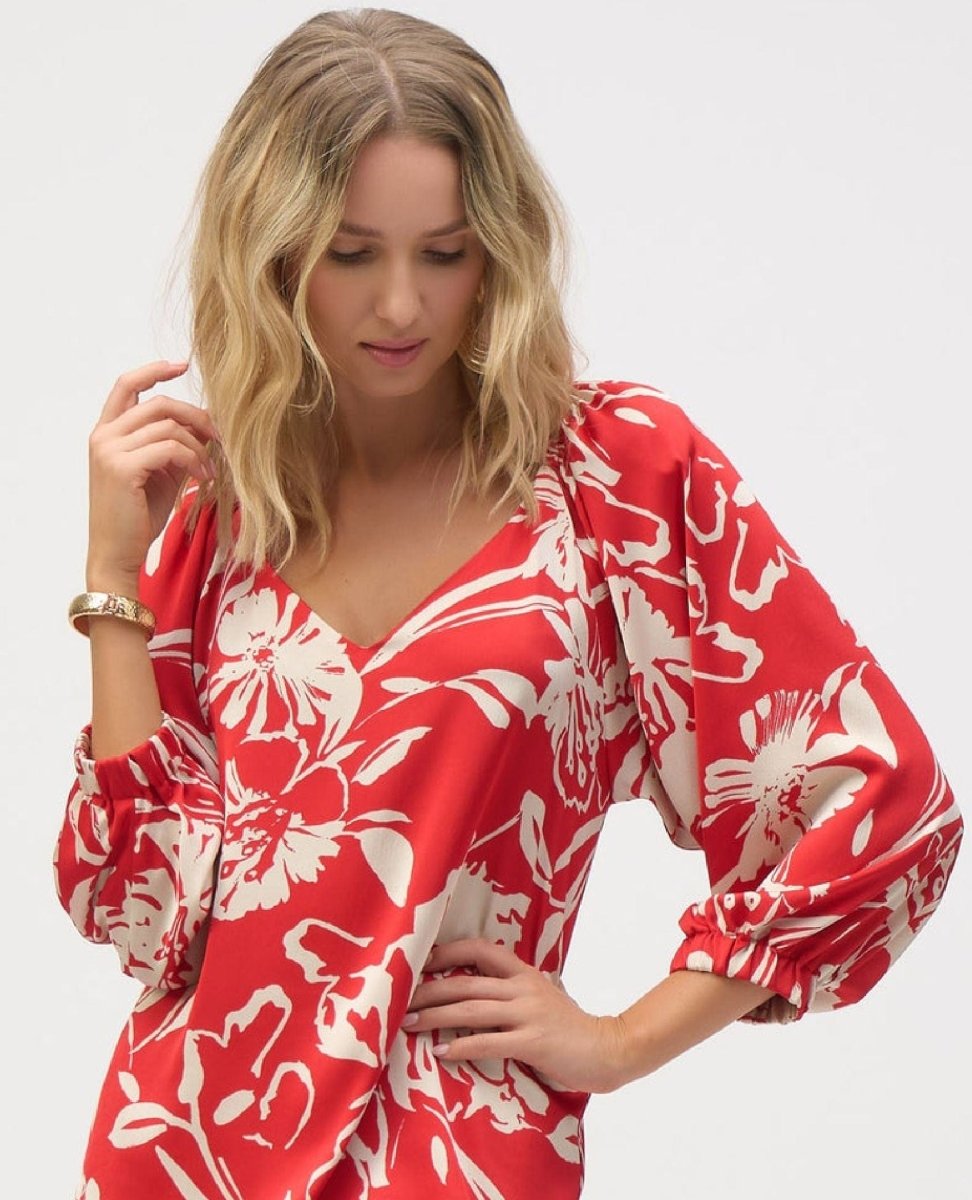 Joseph Ribkoff Floral Blouse Red Cream Print - PINK ARROWS