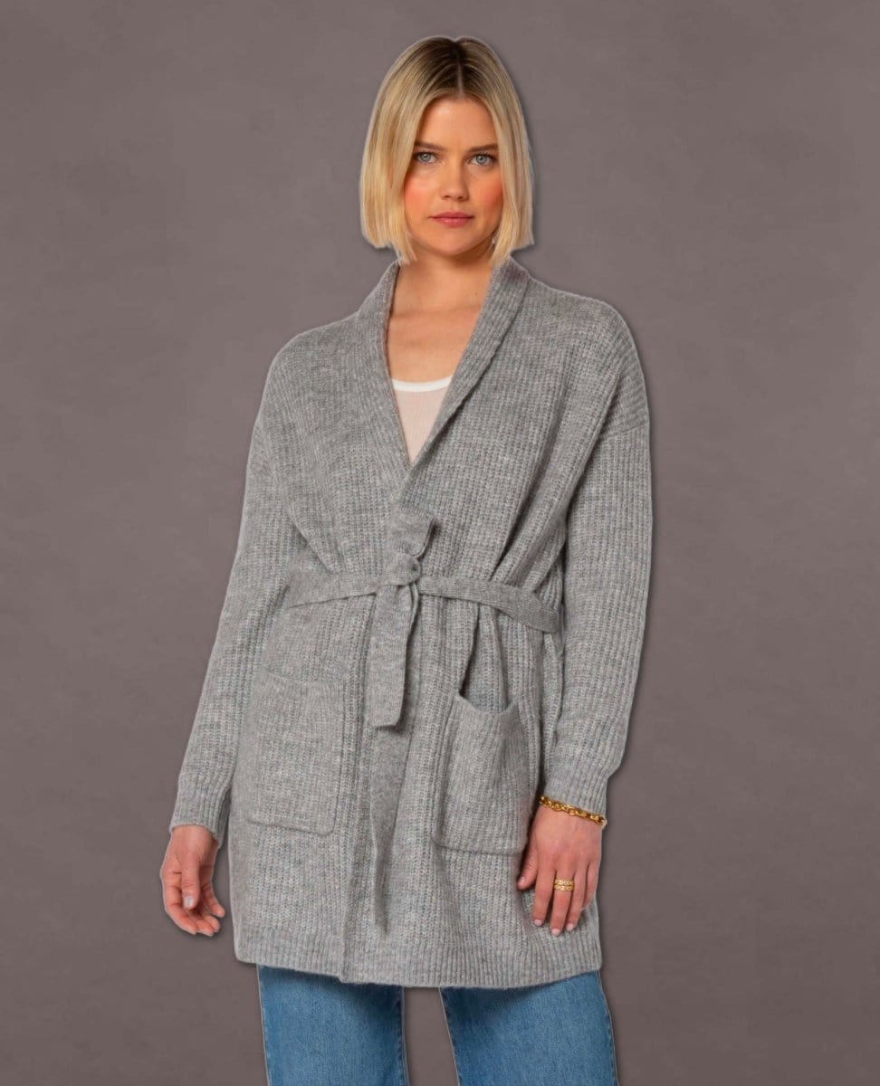 Landon Long Sleeve Open Cardigan Sweater with Tie Belt and Patch Pockets - PINK ARROWS