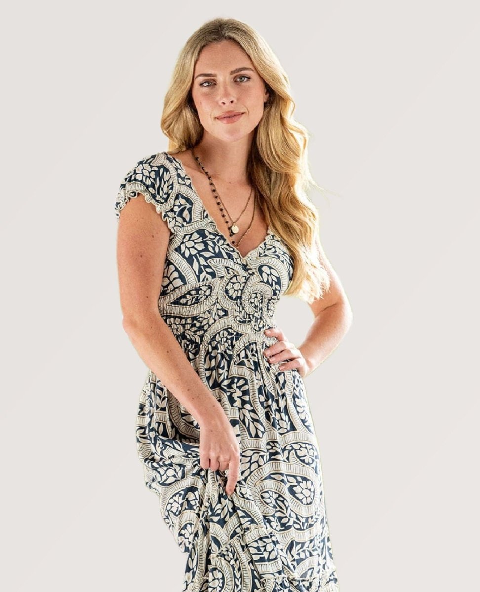 Maren Dress Navy Palm Print - PINK ARROWS