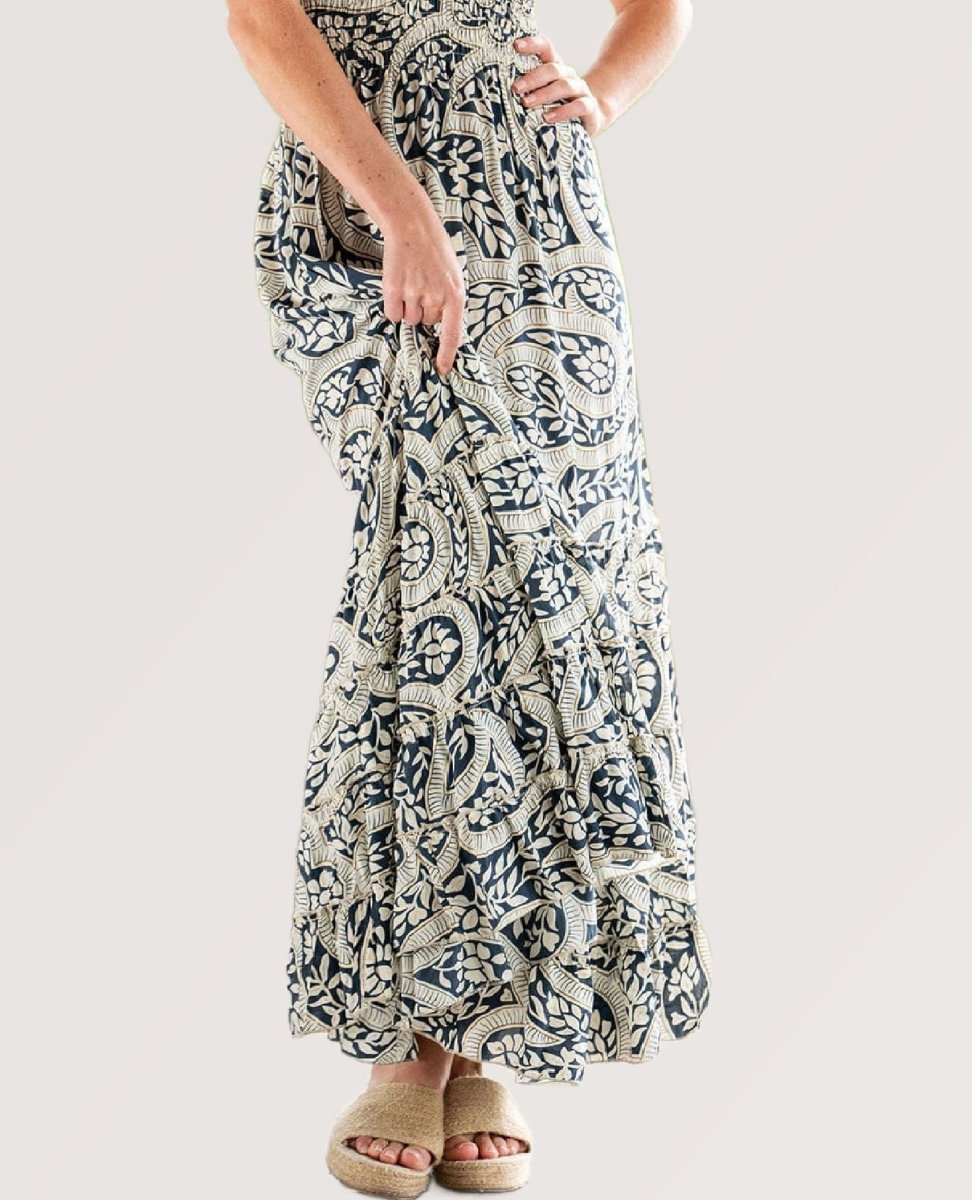 Maren Dress Navy Palm Print - PINK ARROWS