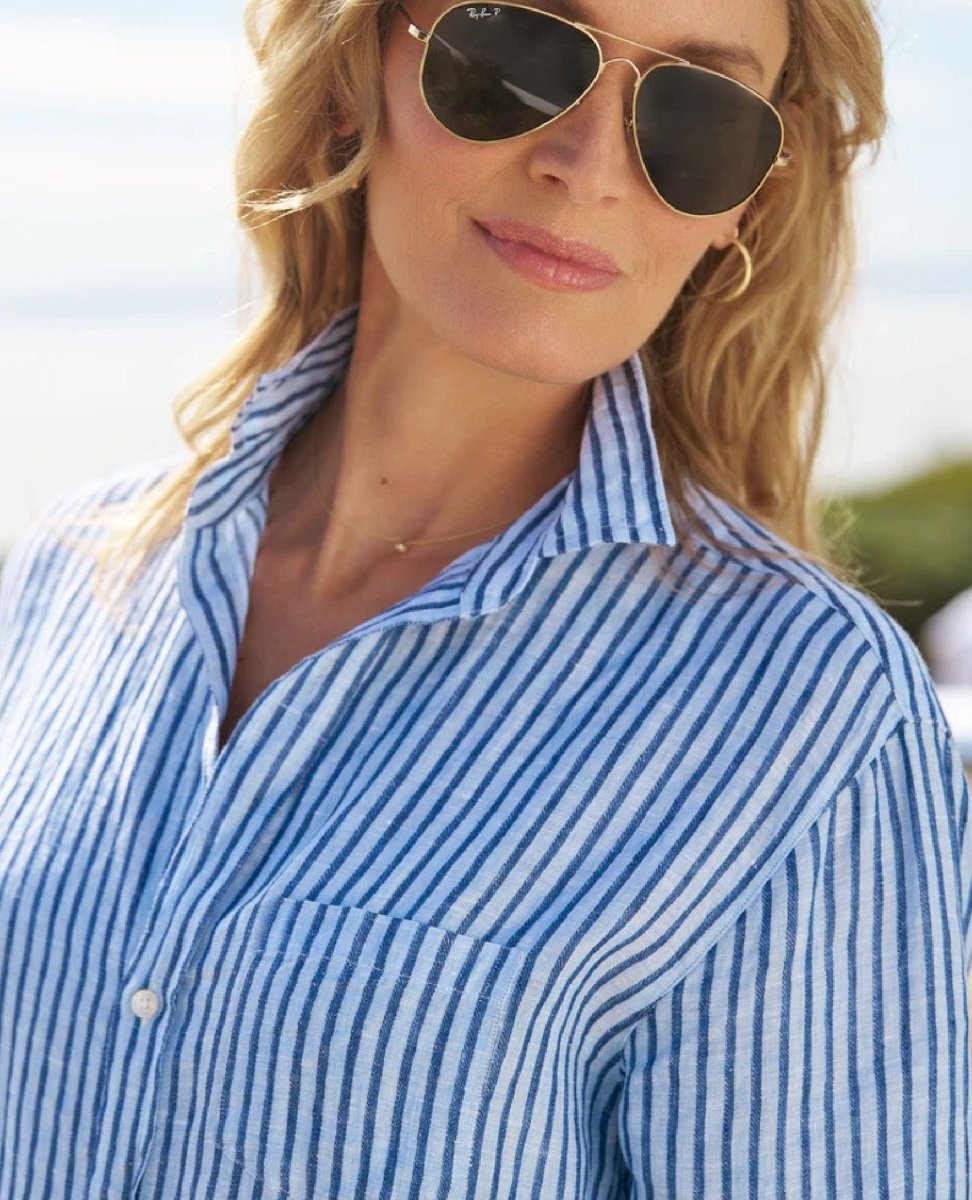 Mary Italian Linen Blue Stripe - PINK ARROWS