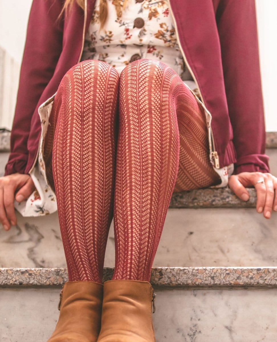 Olga Recycled Herringbone Tights Burgundy - PINK ARROWS