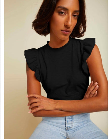 Paulette Ruffle Tank Black - PINK ARROWS