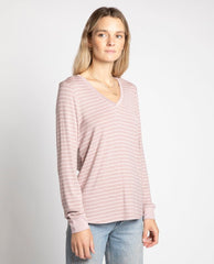 Shannon LS VNeck Mauve Mist Stripe - PINK ARROWS