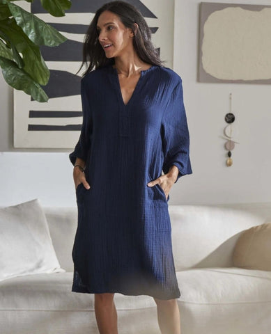 Short Gauze Tunic Pocket Dress Navy - PINK ARROWS