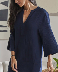 Short Gauze Tunic Pocket Dress Navy - PINK ARROWS