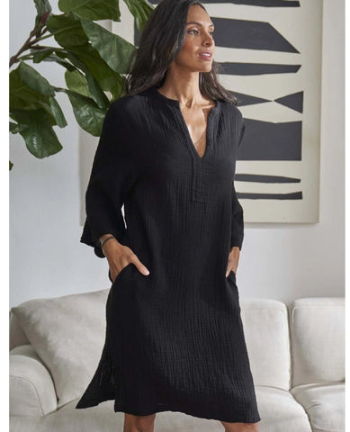 Short Tunic Pockets Black Dress - PINK ARROWS