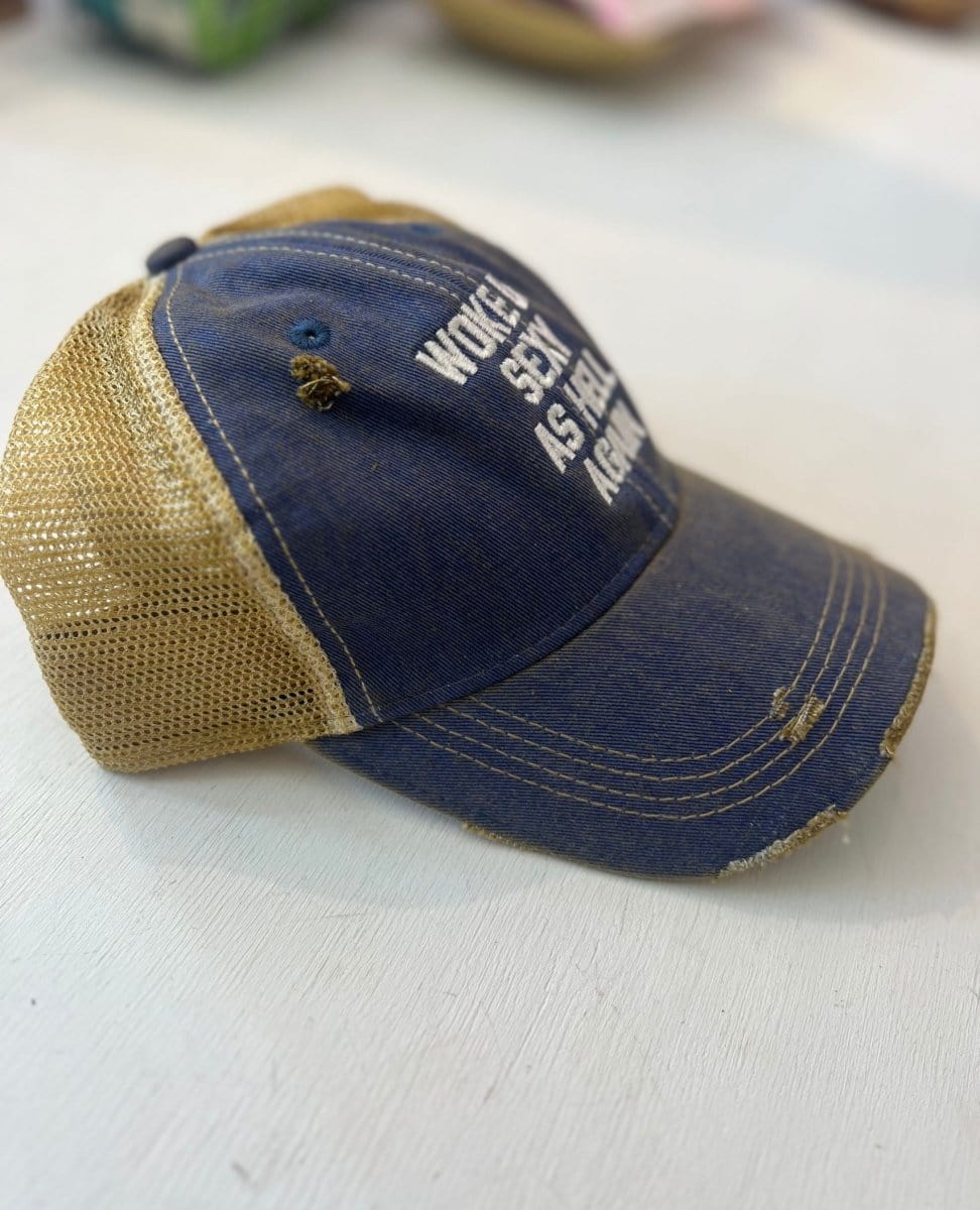 Woke Up Sexy As Hell Again Trucker Hat Blue - PINK ARROWS